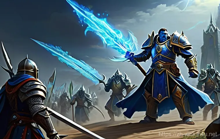 워크래프트3 강력한 러쉬 조합 - **Prompt Title: Human Footman-Priest Advance**
    A highly detailed, epic fantasy art illustration ...