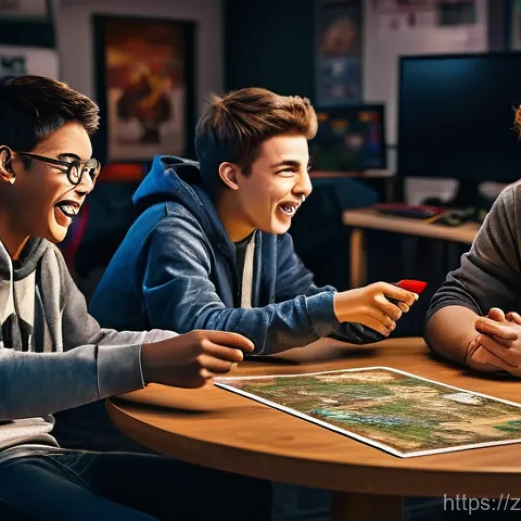 워크래프트3 초보를 위한 전략 영상 - **Prompt:** A young, diverse group of 3-4 teenage friends (approximately 15-18 years old) are enthus...