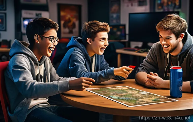 워크래프트3 초보를 위한 전략 영상 - **Prompt:** A young, diverse group of 3-4 teenage friends (approximately 15-18 years old) are enthus...