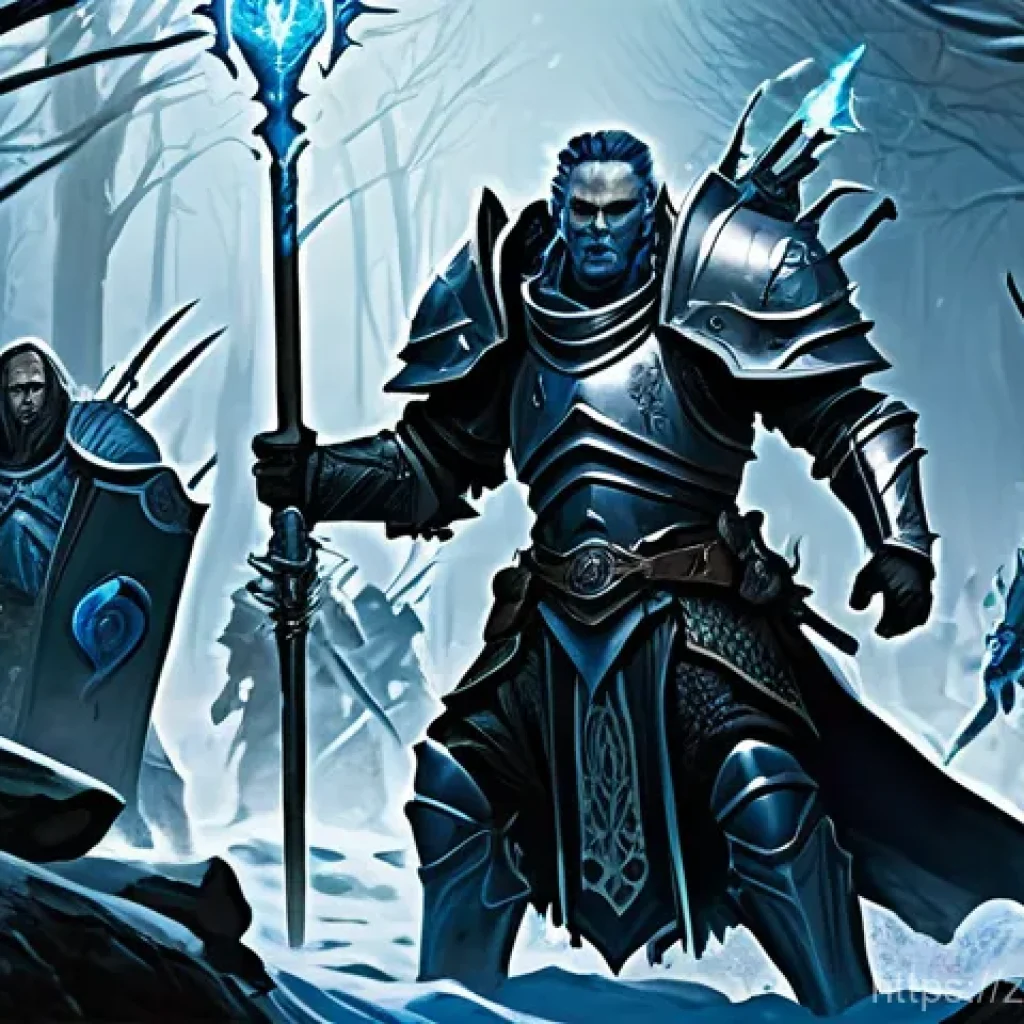 워크래프트3 블리자드 히스토리 - **Prompt 1: Epic Heroic Clash in Silverpine Forest**
A dynamic, high-fantasy scene featuring a p...