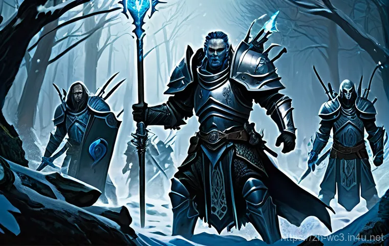 워크래프트3 블리자드 히스토리 - **Prompt 1: Epic Heroic Clash in Silverpine Forest**
    A dynamic, high-fantasy scene featuring a p...