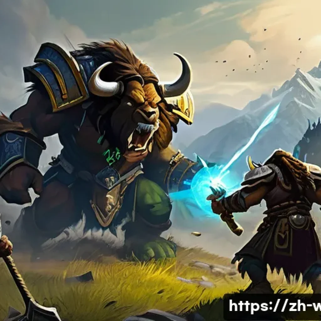 워크래프트3 타종족 간 팀플레이 전략 - **Prompt: Human-Orc Mid-Game Power Push**
A dynamic, action-packed scene depicting a coordinated...